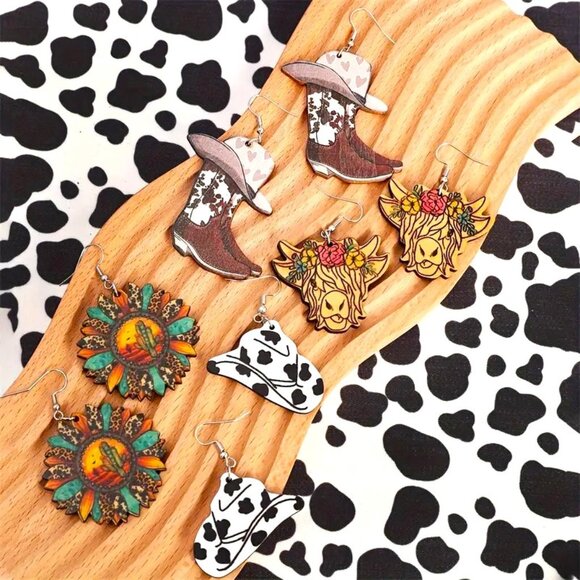 4pr Wood Earrings Western Cowgirl Cow Boots Hat Southwest Rodeo Cowboy Dangle - Picture 1 of 4